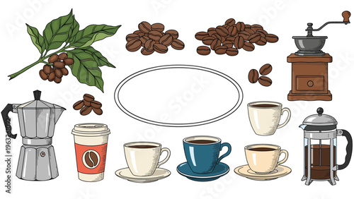 Comprehensive collection of hand drawn coffee related items including beans, cups, a moka pot, grinder, and french press.