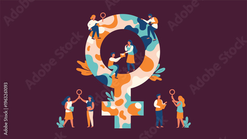 Concept illustration for womens day featuring various women around a large female gender symbol on a purple background.
