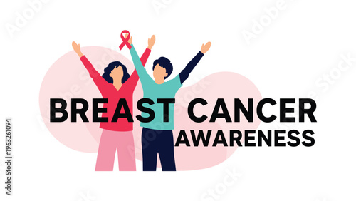 Two people, a man and a woman, raising their arms together in support of breast cancer awareness with a pink ribbon.