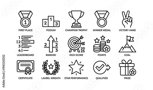 Achievement icons set: trophies medals goals and awards collection