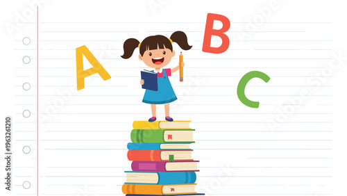 Young girl with pigtails standing on a tall stack of colorful books holding a pencil and surrounded by letters for education theme.