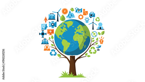 Conceptual illustration of a tree with a globe crown surrounded by icons representing technology energy environment and sustainability.