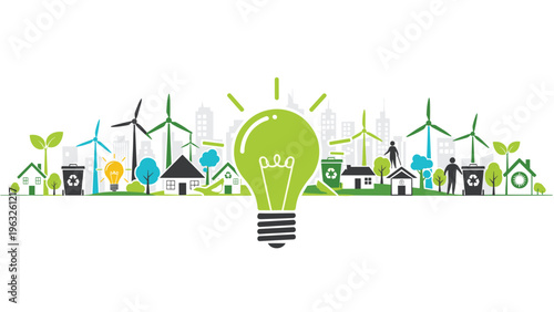 Urban cityscape silhouette featuring green energy concepts with a large glowing lightbulb wind turbines and eco friendly icons.
