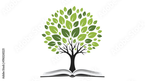 Conceptual illustration of a lush green leafy tree growing out from the pages of an open book representing knowledge and wisdom.