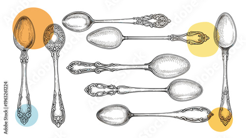 Array of intricately detailed antique silver spoons sketched in ink with soft colorful circular backgrounds in various bright colors.