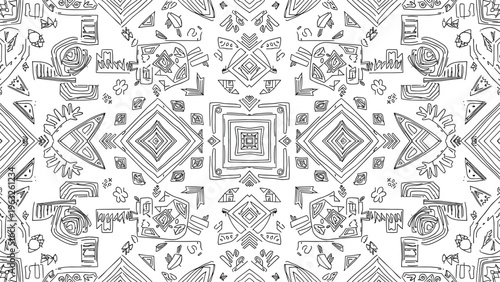 Complex black and white geometric pattern featuring tribal and ethnic motifs in a repetitive tileable design for backgrounds.