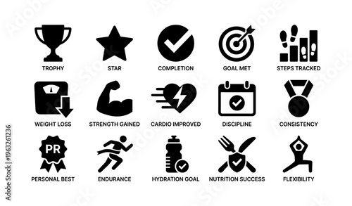 Achievement icons: fitness goals, progress, and milestones symbols set