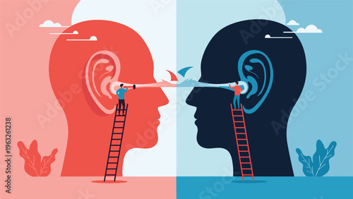Creative illustration of two giant head profiles in red and black with small figures cleaning ears with a long cotton swab.