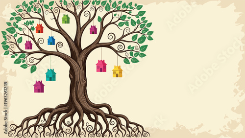 Large tree with deep roots and many branches featuring colorful hanging birdhouses in a whimsical and conceptual artistic design.