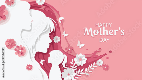 Elegant happy mothers day greeting card with white silhouettes of mothers and children surrounded by pink flowers and butterflies.