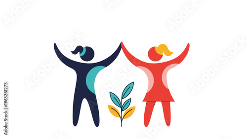 Two stylized female silhouettes in navy and red standing with raised arms next to a small green plant against a white background.