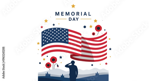 Memorial Day illustration USA flag, a saluting soldier, poppies, and stars