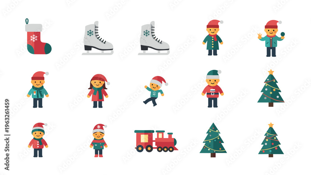 Fototapeta premium Comprehensive collection of various Christmas themed flat vector icons including trees, skates, holiday characters, and toy train.