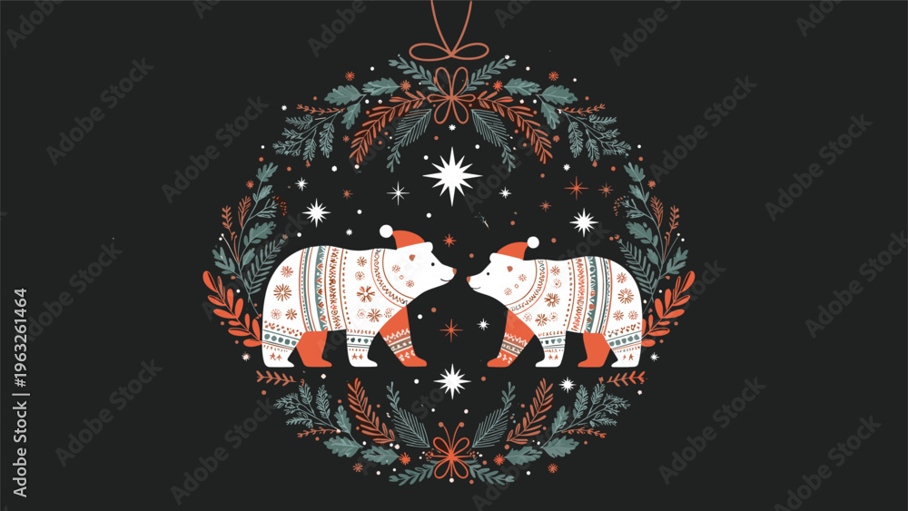 Obraz premium Two polar bears wearing festive sweaters and hats inside a decorative wreath frame on a dark background for Christmas.