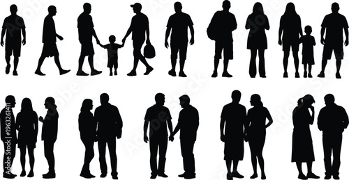"Silhouette illustration of diverse adults and children arranged in two rows showing standing, walking, and interactive poses representing human relationships and social diversity"