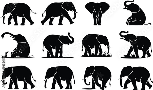Elephant Silhouette Icon Collection Set
