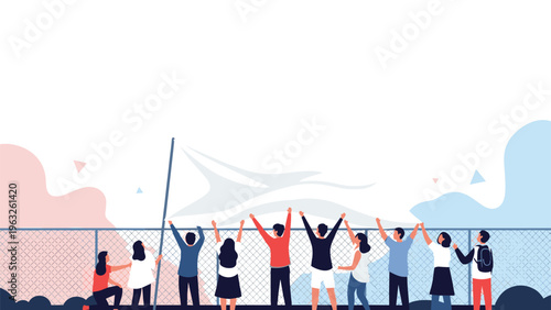 Diverse group of people standing behind a wire fence and looking up at a large white paper airplane in the sky.
