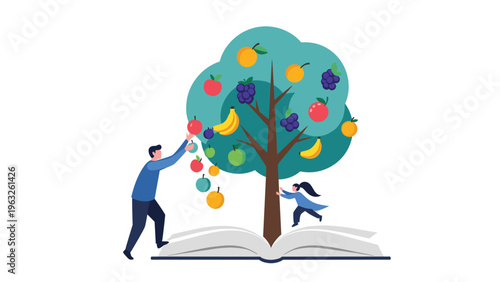 Man and child gathering various fruits from a tree growing out of a large open book symbolizing fruitful learning.