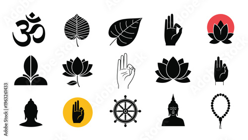 Collection of fifteen diverse Buddhist and meditation icons including Buddha, lotus flowers, and various hand mudras.