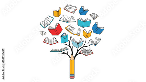 Creative tree illustration with many open colorful books as leaves and a tall yellow pencil forming the main trunk.