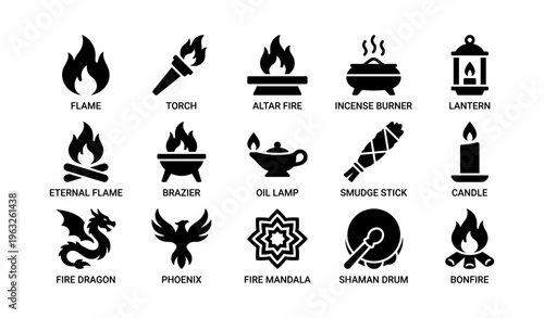 Fire symbol icons: torch, lantern, dragon, phoenix, candle, and more