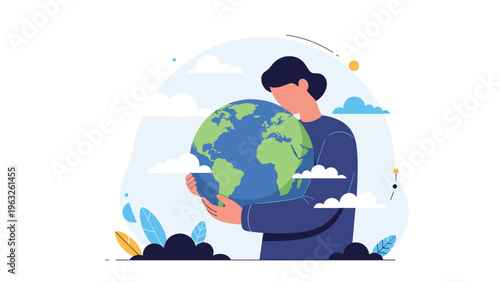 Caring person hugging the entire planet earth surrounded by soft clouds and green plants representing environmental love.