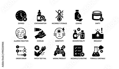 Common skincare product issues and their causes illustrated with icons