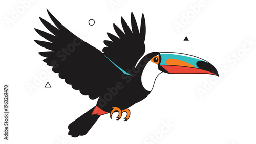 Large tropical toucan bird with a colorful beak and black feathers flying against a simple background with geometric shapes.