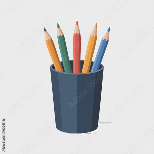Colorful pencils in a dark blue cup