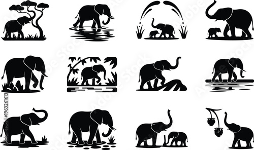 Elephant Silhouette Icon Collection Set