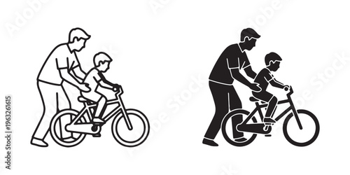 Vector illustrations of a man teaching a child to ride a bicycle in two styles