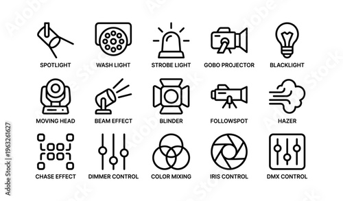 Stage lighting equipment icons: spotlight, strobe, projector, hazer, controls