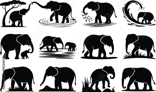 Elephant Silhouette Icon Collection Set