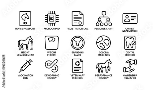 Equine management icons: passport, microchip, registration, pedigree, records