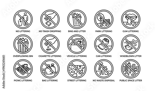 Set of no littering icons illustrating various littering scenarios