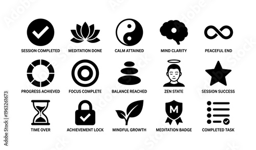 Meditation and achievement icons set for mindfulness and success