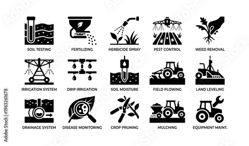 Agricultural icons: soil testing, fertilizing, pest control, irrigation, equipment maintenance