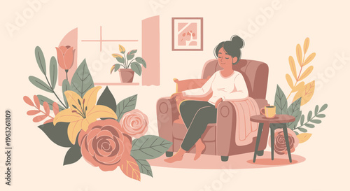 Woman relaxing in cozy living room.
