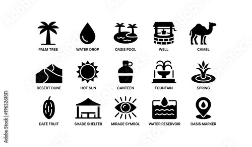 Desert icons: palm tree, oasis, camel, well, fountain, mirage, canteen symbols