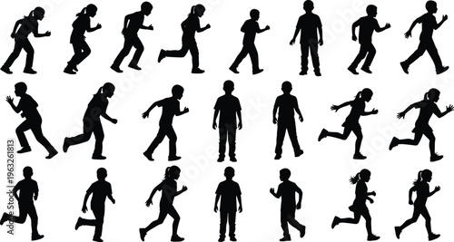 Silhouettes of children running, walking, and standing in dynamic motion poses, symbolizing activity, energy, playfulness, childhood lifestyle, and youthful movement for educational and creative 