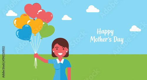 Cartoon woman holding colorful balloons Mother's Day.