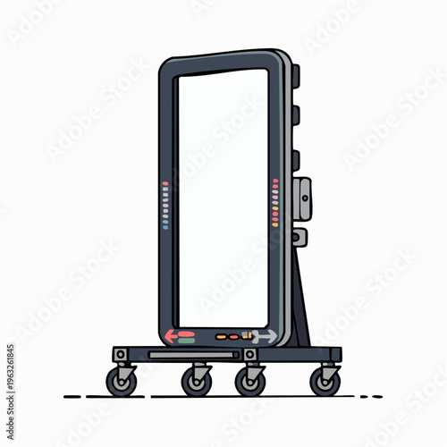 Illustration of a large smartphone or tablet on a wheeled stand