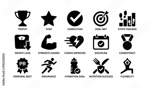Fitness achievement icons set including trophy, goal, nutrition, and flexibility symbols