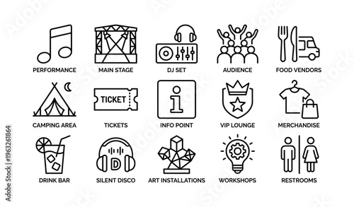 Music festival icons set: stage, dj, audience, food vendors, tickets, info point, vip lounge