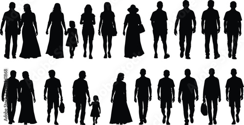 Silhouettes of diverse adults and children walking in pairs and groups, symbolizing companionship, caregiving, bonding, social connection, and everyday lifestyle representation for creative