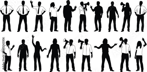 Silhouettes of diverse individuals communicating, protesting, and presenting with megaphones, expressive gestures, and business or casual attire representing activism, leadership, teamwork, and 