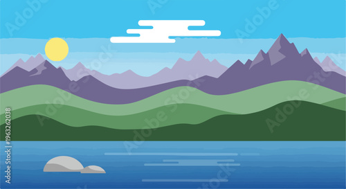 Minimalist illustration of a landscape with mountains, lake, and sun