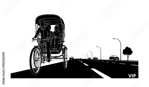 Rickshaw perspective view on VIP road with city elements urban transport silhouette flat vector illustration