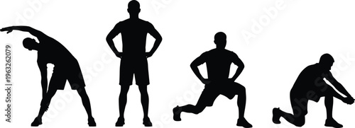 Black silhouette illustration of person stretching, fitness warm‑up exercises, workout artwork representing health, flexibility, training, lifestyle, and physical activity concepts