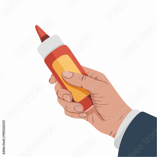 Hand holding red and yellow mustard bottle illustration